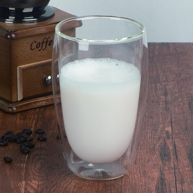 15oz Double Wall Glass Coffee Mugs, Insulated Latte Cups Set of 2, for Coffee, Espresso, Tea, Milk, Clear Cappuccino Cups Set Glassware Gift for Christmas Birthday