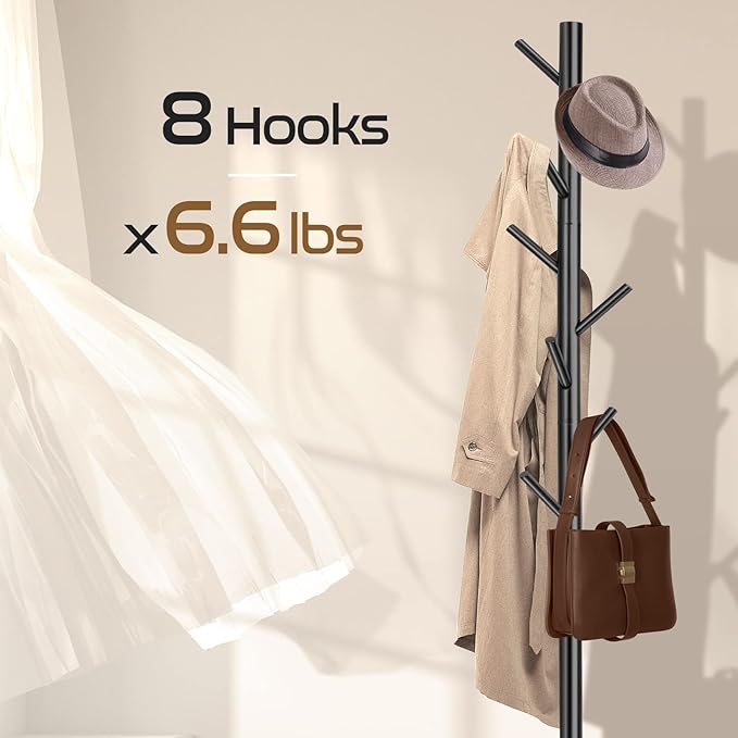 Solid Wooden Coat Rack Freestanding, New Zealand Pine Coat Tree with 8 Hooks & 3 Adjustable Sizes for Coats, Hats, Handbags and Scarves, Space Saving for Entryway/Office/Bedroom (Black)