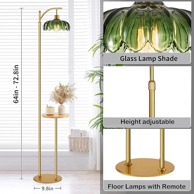Arc Floor Lamp with Table and Shelves,Gold Floor Lamp for Living Room Glass Floor Lamps with Remote Control & 3 Color Temperature,Dimmable Standing Lamp Tall Flower Floor Lamps for Bedroom Corner