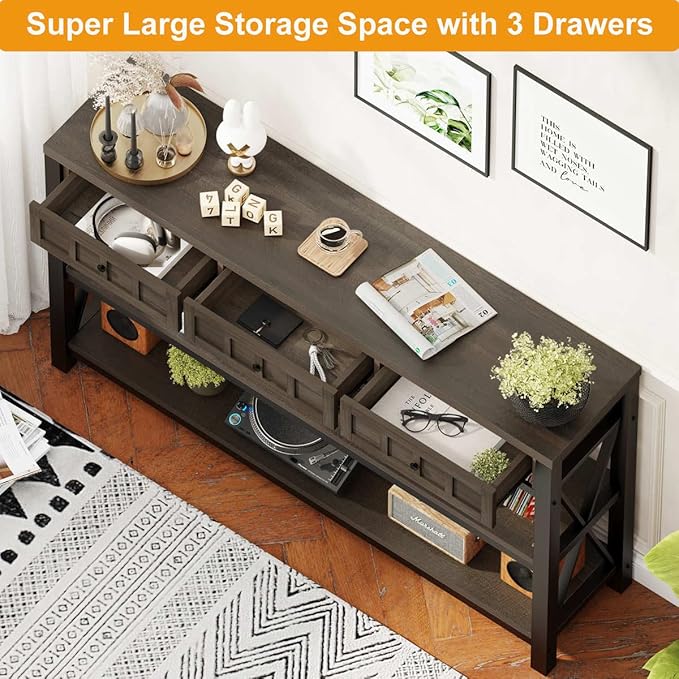 FATORRI Console Table with Storage for Entryway, Rustic Sofa Table with 3 Drawers for Living Room, Farmhouse Hallway Tables and Couch Tables Behind Sofa (54.72 Inch Long, Walnut Brown)