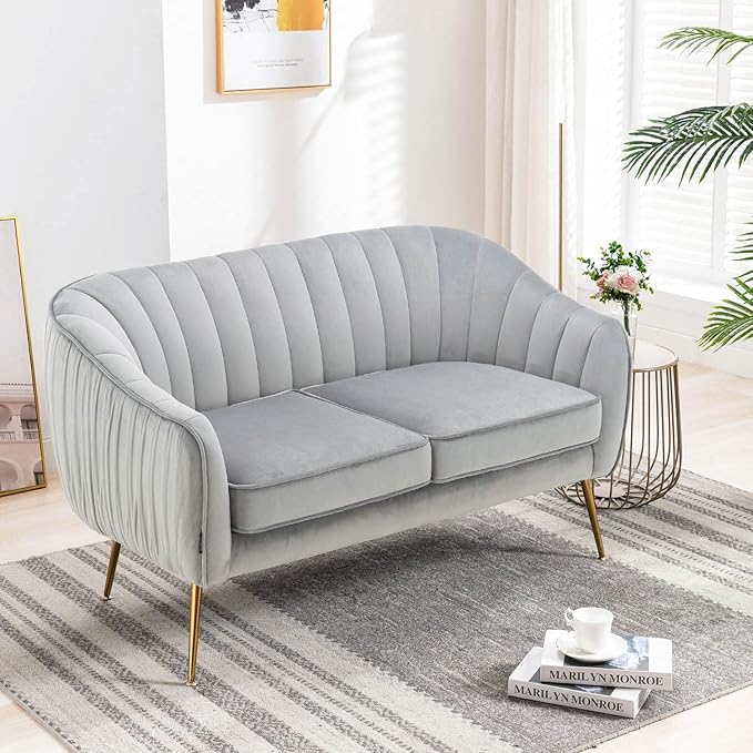 Velvet Couch Sofa Chairs for Two People, Modern Loveseat for Living Rooms, Bedrooms, Small Spaces, Golden Finished, Grey