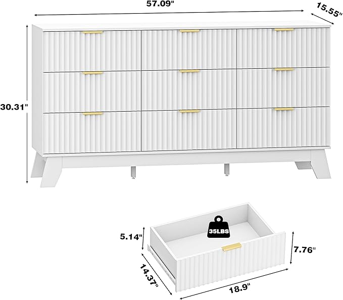 Fluted Dresser for Bedroom with 9 Drawers, 57" White Dressers & Chest of Drawers, Mid Century Modern Dressers TV Stand, Boho Wood Dresser for Closet Wide Storage Organizer for Living Room, Hallway