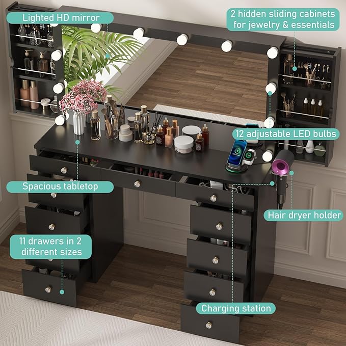 Likein Vanity Desk with Mirror and Lights,Black Vanity with Jewelry Storage Cabinet,Makeup Dressing Table for Bedroom with 11 Drawers, Power Strip, Crystal Knobs,3 Color Lighting Modes for Women,Girls