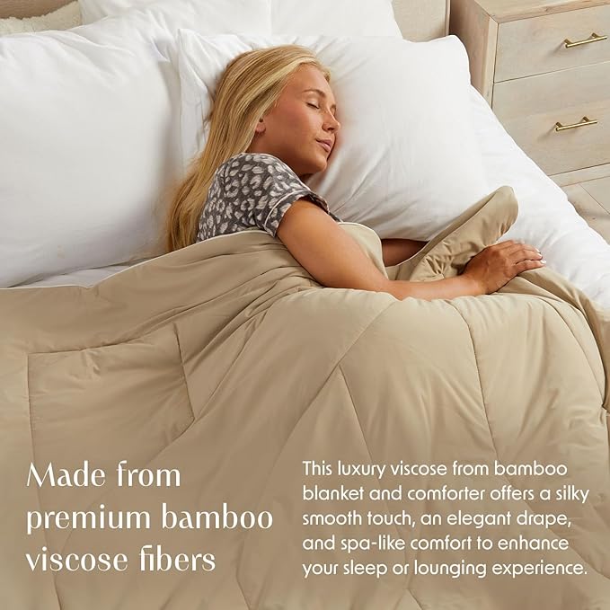 Springtree Home Luxury Viscose from Bamboo Blanket & Comforter | Viscose from Bamboo Comforter Queen Size -90" x 90" | Cooling Blanket | Breathable & Lightweight | Full/Queen - Oxford Tan