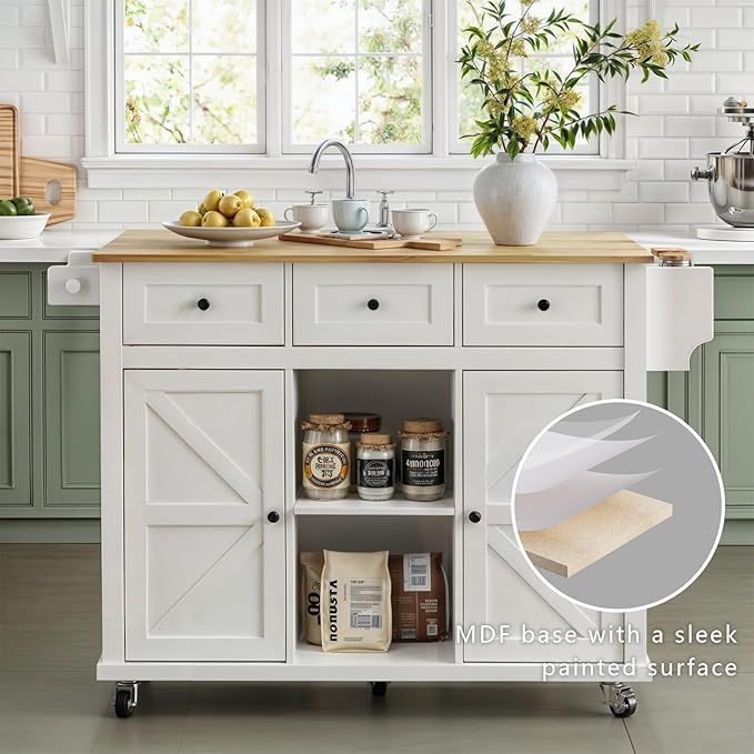 Rolling Kitchen Island Cart with Drop Leaf, Large Kitchen Island on Wheels with Storage and 3 Drawers, Mobile Island for Kitchen with Rubber Wood Countertop, Towel Rack (White, X-Large)
