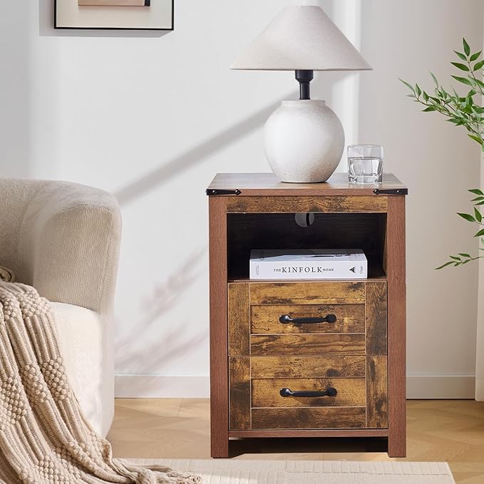Farmhouse Night Stand Set of 2, Rustic Brown Nightstand for Bedroom, End Tables with Charging Station, Bedside Table with Drawers, Wood Bedside Cabinet Dresser