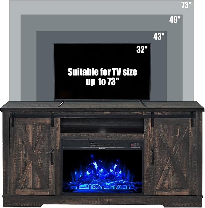 AMERLIFE Fireplace TV Stand with Sliding Barn Door for TVs up to 73", Farmhouse 63" Fireplace Entertainment Center with Storage Cabinets/Adjustable Shelves, Dark Rustic Oak
