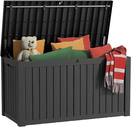 150 Gallon Outdoor Storage Box, Resin Waterproof UV-Resistant Deck Box with Hydraulic Lid Support, Reinforced Stability for Patio, Garden, and Poolside, Striped Black