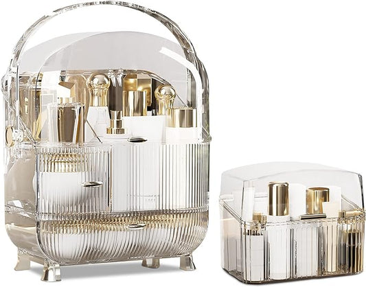 Ergocar Galatée Portable Retro Series Multi-Function Make Up Case Dustproof Cosmetic Storage Box,Cosmetics Skin Care Products Jewelry Organizer Finishing Box - High Transparency + Lipstick