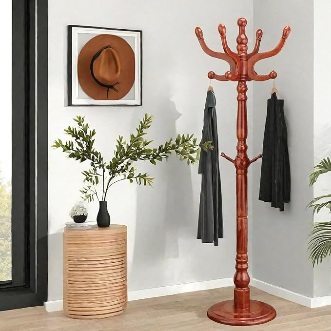 Wooden Coat Rack, Heavy Duty Coat Rack Freestanding with 11 Smooth Hooks, Coat Tree, Vintage Clothes Hanger Stand with Stable Disc Base for Bedroom, Entryway, Office-Load 180lbs (Light Brown)