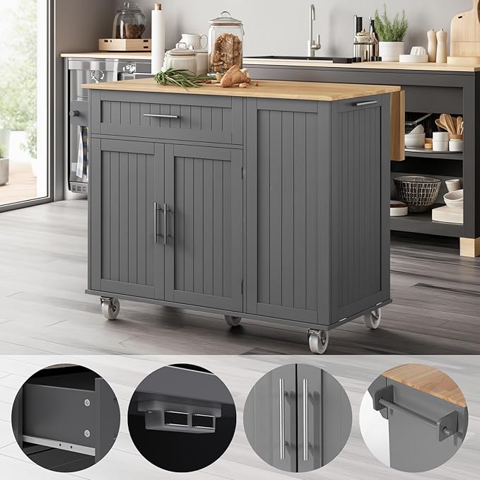 Kitchen Island with Storage & Drop Leaf - 43.3" Mobile Kitchen Cart with Wheels, Rolling Kitchen Island with Trash Bin Cabinet & Towel Rack, Rubberwood Top, Grey Island for Kitchen