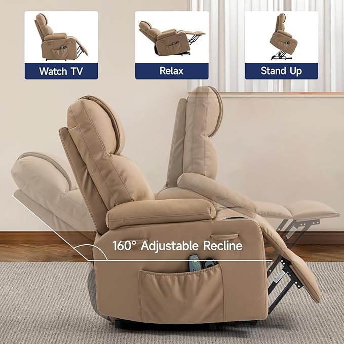 Power Lift Recliner Chair for Elderly with Massage & Heat, 160° Adjustable PU Leather Electric Recliner with Remote, Cup Holders, Side Pockets, and Stand Assist for Living Room, Bedroom (Brown)