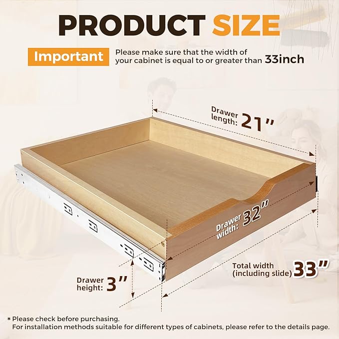 Pull Out Drawers for Cabinet 33"W x 22"D x 3"H Wood Slide Out Cabinet Organizer and Storage Cabinet Kitchen Drawers Slide Out Shelves Pull Out Shelves in Kitchen Pantry Bathroom with Soft Close