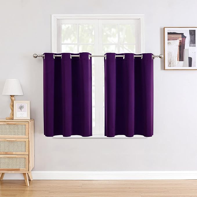 ChrisDowa Small Window Curtains for Kitchen and Bedroom - Grommet Short Thermal Insulated Room Darkening Curtains (2 Panels, Royal Purple, 34 x 36 Inch)