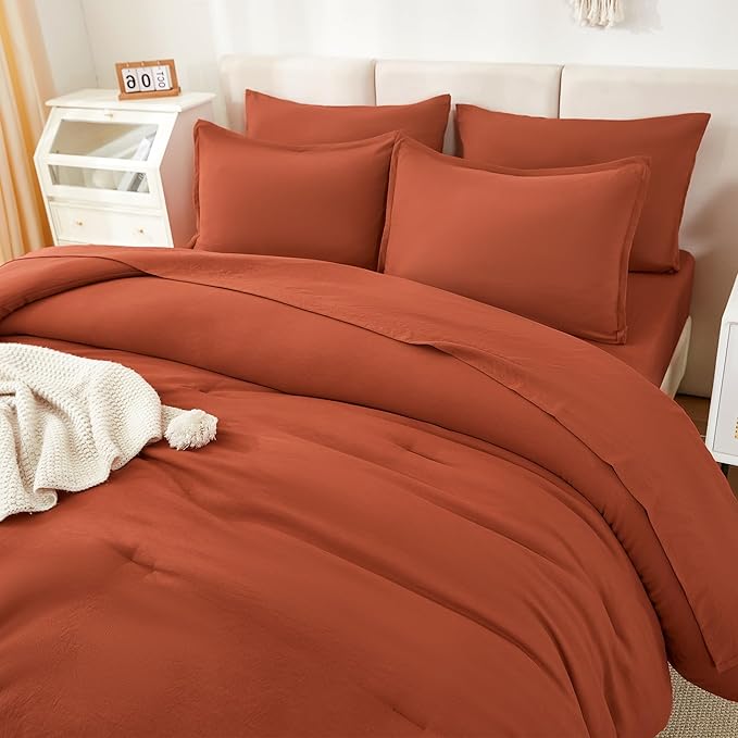 Litanika Burnt Orange Comforter Queen Size Set - 7 Pieces Terracotta Bed in a Bag Queen Bedding Comforter Sets, Plain Lightweight Bed Set with Comforter, Sheets, Pillowcases & Shams