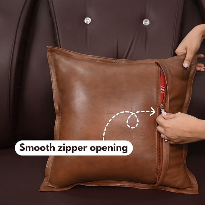 D DOLLY LAMB Lambskin Leather Pillow Cover - Sofa Cushion Case - Decorative Throw Covers for Living Room & Bedroom, 18x18 Inches - Dark Antique Brown Box
