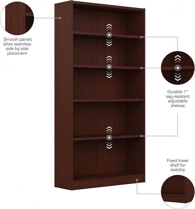 Bush Furniture Universal Tall 5 Shelf Bookcase in Vogue Cherry, Vertical Storage and Display Bookshelf for Home Office or Living Room Organization
