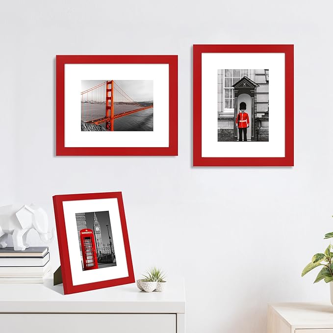 8x10 Picture Frame Set of 4, High Definition Real Glass, Display Pictures 5x7 with Mat or 8x10 Without Mat, Gallery Wall Hanging or Tabletop Photo Frames, Red