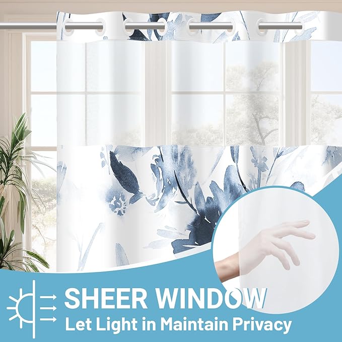 No Hook Shower Curtain with Snap in Liner - Floral Shower Curtain - Fabric Waterproof Inner Liner, Plants Navy Blue Extra Long Modern Cloth Shower Curtains - Machine Washable, 71 x 86