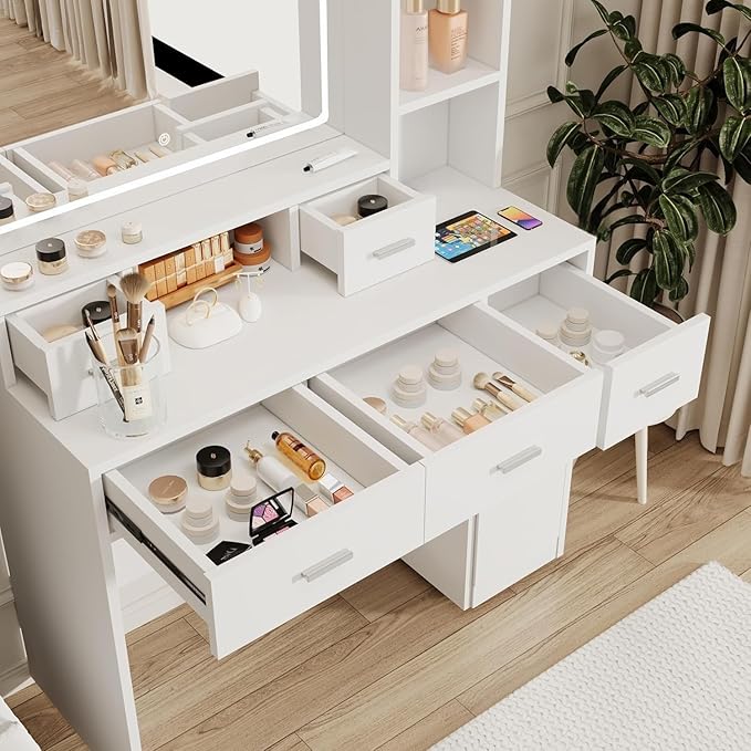 Vanity Desk with Mirror and Lights, Vanity with Soft and Non-Dazzling Lighting,Makeup Vanity with Drawers for Bedroom Dressing Room, Women Girls (White)