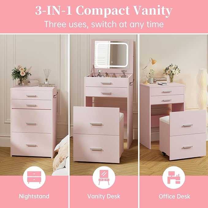 Compact Vanity with 3 Drawers, 3 in 1 Vanity Desk, Makeup Desk with Flip-up 3 Colors Lighting Mirror and Cushioned Stool, Small Vanities Nightstand Perfect for Bedroom, Pink