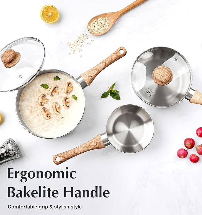 KOCH SYSTEME CS Stainless Steel Saucepan Set, 6 Piece Stainless Steel Pot 1QT & 2QT & 3QT with Heat-resistant Bakelite Handle, Tri-ply Base Pots, Sauce Pan Induction Ready, Pot Set 6PCS