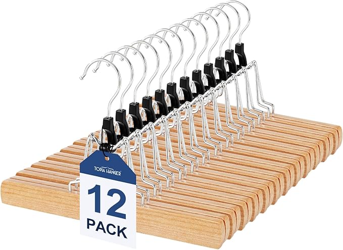 TOPIA HANGER 12 Pack Wooden Pants Hangers, Hair Extension Hangers Non Slip Skirt Hanger Wood Clamp with Velvet Padded 360° Swivel Hook for Jeans, Skirts, Trousers, Wigs Natural CT67N