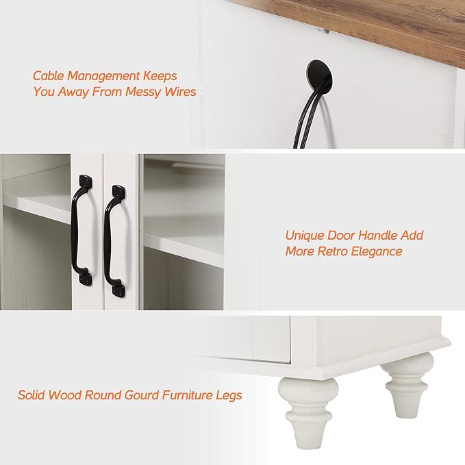 WAMPAT Farmhouse TV Stand with 16 Color LED Light, 4-Door Glass Wood Entertainment Center with 9 Storage Cabinets, Media Console Table for Living Room Bedroom，70'', Antique White