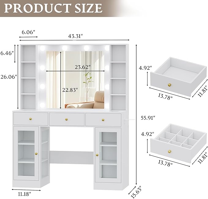 Makeup Vanity Desk with Mirror and Lights, White Vanity with Glass Top, LED Lights & Power Outlet, 3 Drawers & 2 RGB Glass Cabinets, Adjustable Lighted Dressing Table for Women & Girls Bedroom