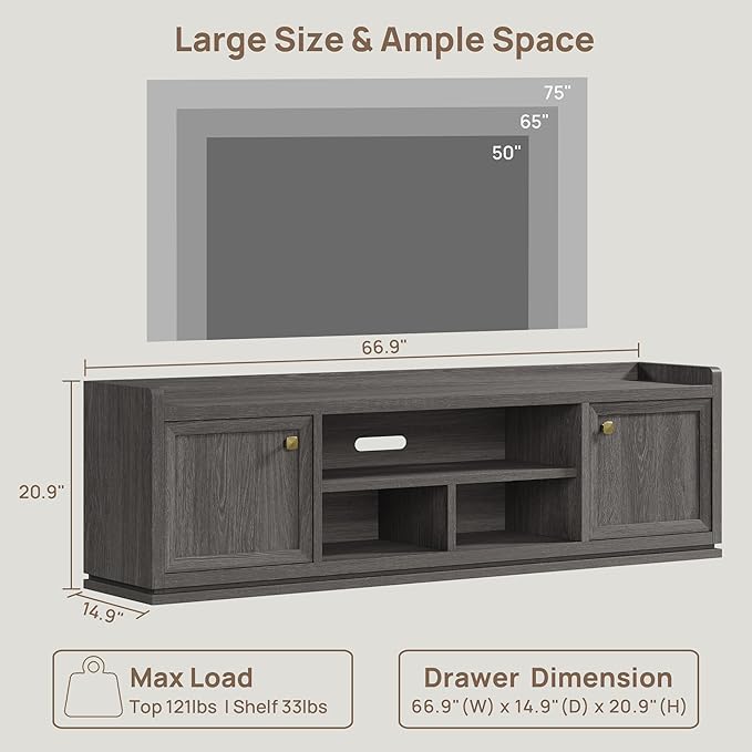 SICOTAS TV Stand Entertainment Center - 67" TV Console for Living Room Modern TV Stand for Bedroom, Media Console with Shelf and Cabinet, Entertainment Stand for TVs up to 65 75 Inch(Dark Grey Oak)