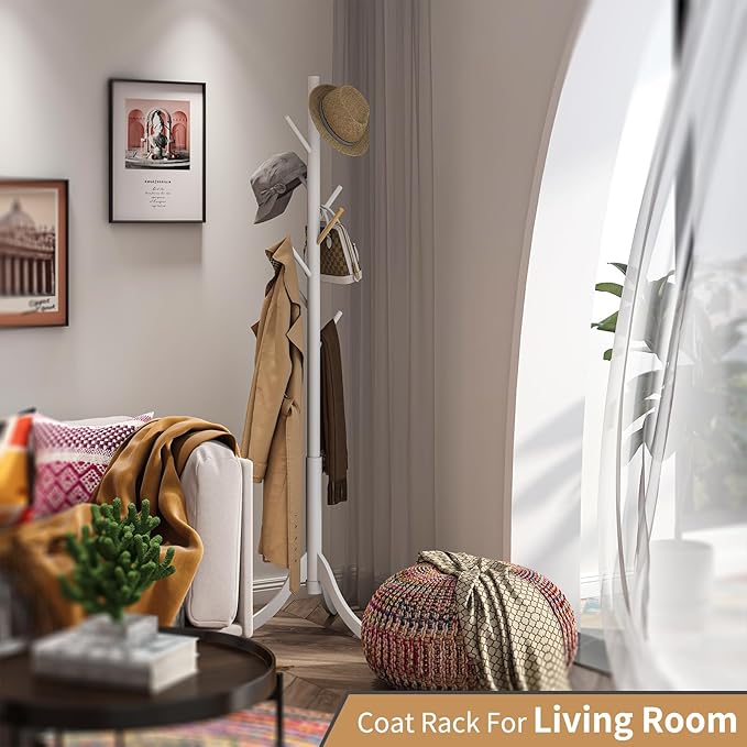Coat Rack Freestanding, Coat Stands Entryway, Bamboo Coat Rack Hat Hanger 8 Hook for Jacket, Purse, Scarf Rack, Umbrella Tree Stand (White)