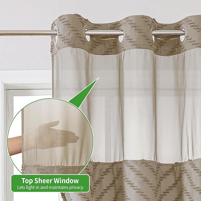 No Hook Boho Farmhouse Shower Curtain with Snap-in Fabric Liner set-71Wx86H(84H),Beige Tufted Chevron Striped Hotel Grade Cloth Shower Curtains for Bathroom with Window,Water Repellent