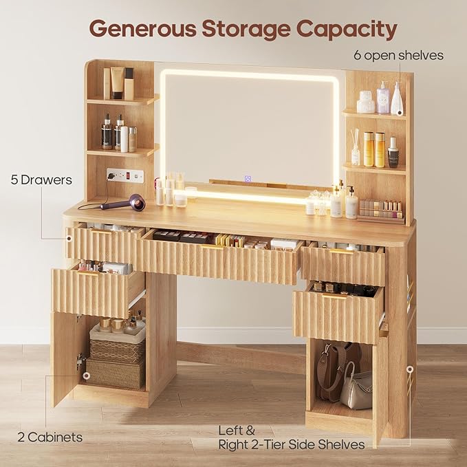 51.2" Fluted Makeup Vanity Desk with Large 30.3" Mirror and Lights, 5 Drawer Vanity with Power Strip, 6 Open Shelves, 2 Cabinet，Modern Dressing Table with Solid Wood Legs for Bedroom, Oak