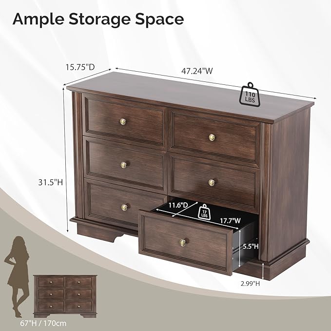 VINGLI Wood Dresser 6 Drawer, Brown Dresser for Bedroom, Vintage Dressers, Chest of Drawers for Living Room, 47.24" W*15.75D*31.5" H