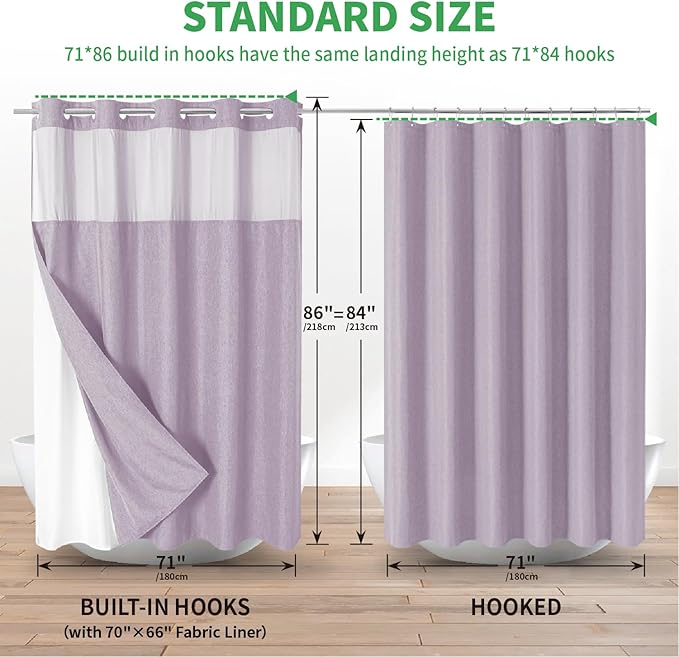 Extra Long No Hooks Needed Linen Textured Shower Curtain with Snap-in Fabric Liner Set,White Hotel Luxury Decor Shower Curtains for Bathroom,Waterproof & Washable,71Wx86H,Lavender