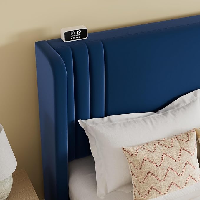 SHA CERLIN Queen Size Velvet Upholstered Platform Bed Frame with Vertical Channel Tufted Wingback Headboard, Wooden Slats Support, Easy Assembly, Under Bed Storage, No Box Spring Required, Blue