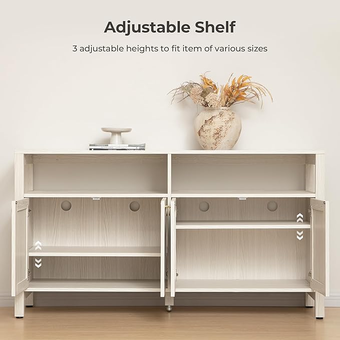 SICOTAS Rattan TV Stand for Television up to 120" - Large Entertainment Center with Storage and Open Shelves, Boho Media TV Console Cabinet with Doors and Adjustable Shelf for Living Room