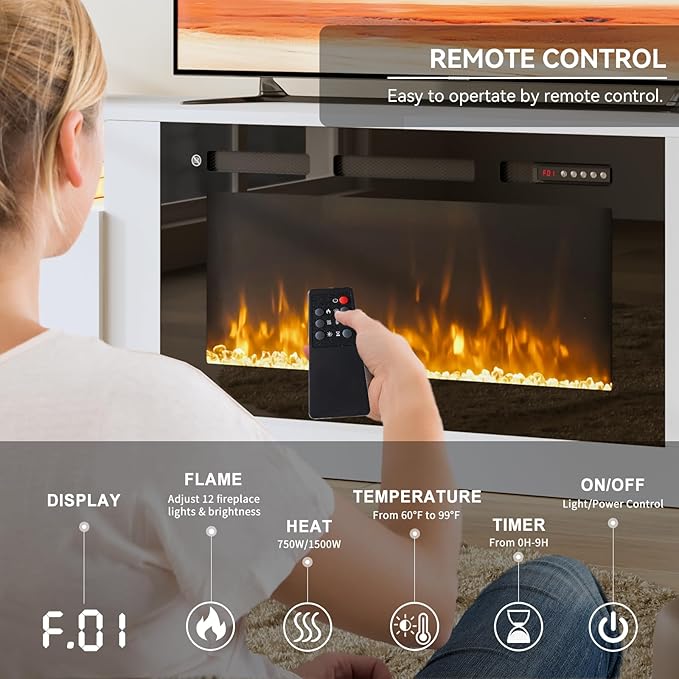 oneinmil 80” TV Stand with 36” Electric Fireplace, Large Modern Media Entertainment Center with Storage Cabinet and 12 Colors LED Lights for TVs Up to 90", White TV Stand and Black Fireplace