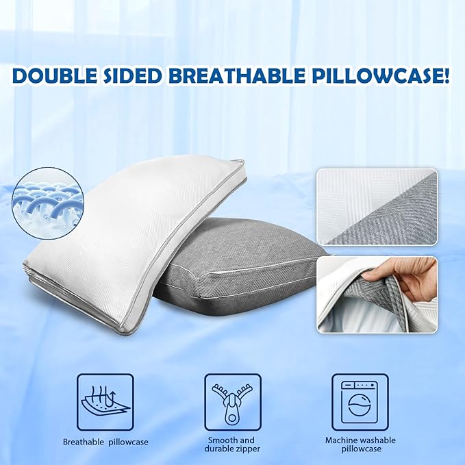 Pillows Standard Size Set of 2 - Shredded Memory Foam Cold Pillow That Stay Cold Adjustable Pillows for Sleeping Double-Sided Pillowcase