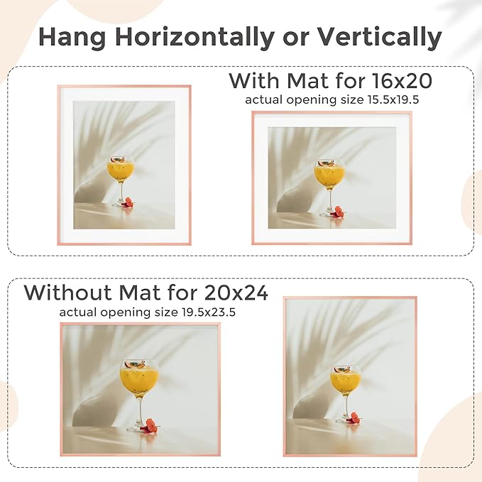 20x24 Metal Picture Frame for Wall With Mat for 16x20, 20''x24'' Aluminum Photo Frames With Tempered Glass for Home Decor, Minimalist Modern Poster Frame Horizontal And Vertical Formats, Rose Gold