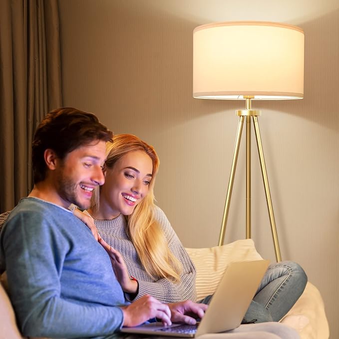 ALLDIO Tripod Floor Lamps for Living Room, Modern Standing Lamp with Drum Shade, Simple Industrial Tall Lamp, 9W LED Bulb Included - Brass