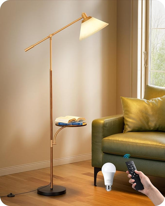 EDISHINE 68" Arc Floor Lamp with Table, Vintage Standing Lamp for Living Room with Tray, Tall Reading Lamp, Beige Shade, Adjustable Arm, Remote Dimmable Bulb Included, for Bedroom Office, Wood Grain