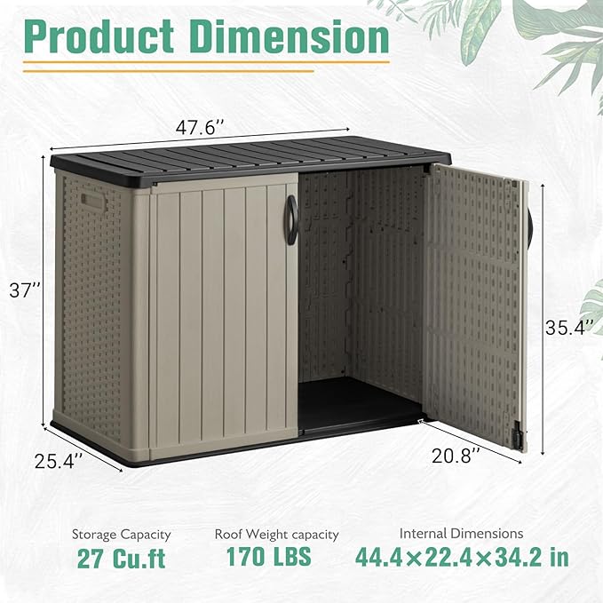 Greesum Outdoor Horizontal Storage Sheds 27 Cu.ft Resin Large Storaged Box Weather Resistance, Without Shelf, Easy to Assemble, Prefect for Garden, Patios, Backyards, Beige