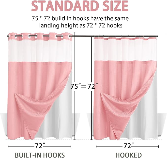 YellyHommy No Hook Shower Curtain with Snap in Liner Set Less Time Pink Waffle Shower Curtain for Bathroom 75" L x 72" W Pink
