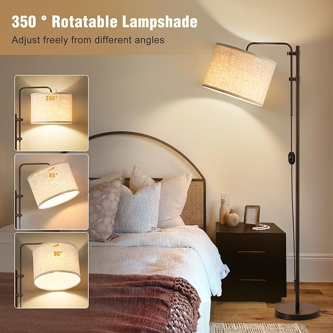 Floor Lamp for Living Room, Adjustable Height Standing Lamps with 350° Rotate Linen Lampshade, 67.5-Inch Brown Modern Tall Lamp Dimmable Floor Lamps for Corner Bedroom Home Office (Bulb Included)