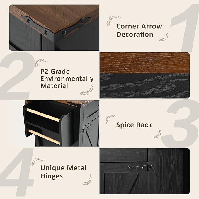 Farmhouse Roling Kitchen Island Cart with Drop Leaf Breakfast Bar with Power Outlet, Storage Island Table on Wheels with Drawers, Spice Rack(Black)