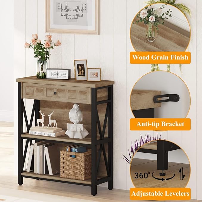 FATORRI Rustic Bookshelf with Drawer, Industrial Wood and Metal Bookcase, Small Short Book Shelf and Low Book case for Small Space (Rustic Oak)