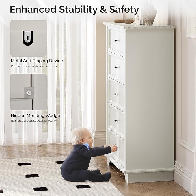 VINGLI White Dresser, 47" Tall Dresser Wood, 5 Drawer Dressers for Bedroom, White Chest of Drawers