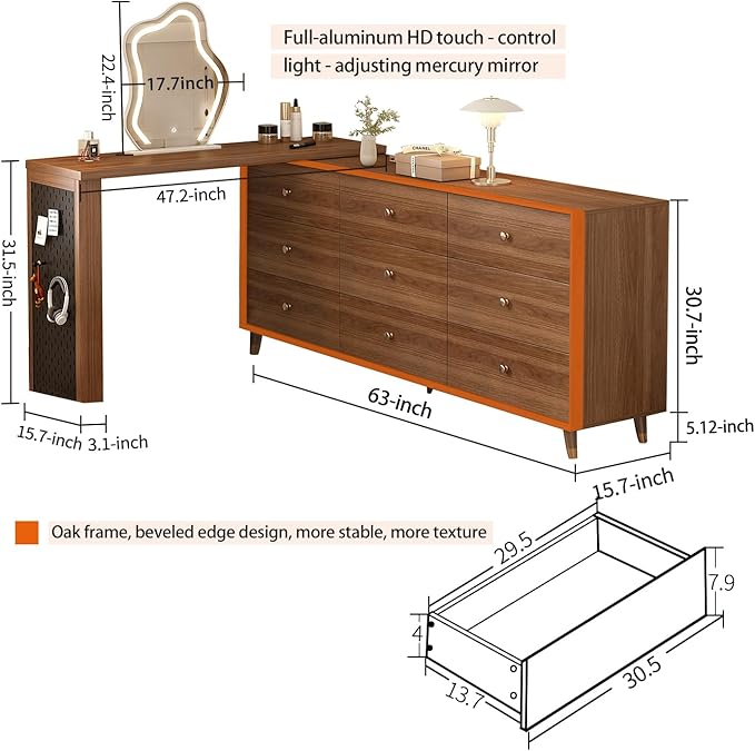 Makeup Vanity Desk with Cloud HD Lighted Mirror,70-110in Extendable Modern Vanity Table, 9-Drawer Solid Wood Frame Storage Cabinet, Dressing Table for Bedroom, Brown