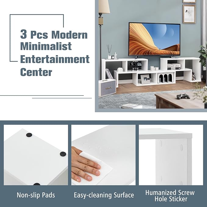 KOTEK TV Stand for 50 55 60 65 Inch TV, 3 Pieces Free Combination Bookshelf Organizer, TV Console Table with Open Storage Shelves, Modern Entertainment Center for Living Room, Bedroom